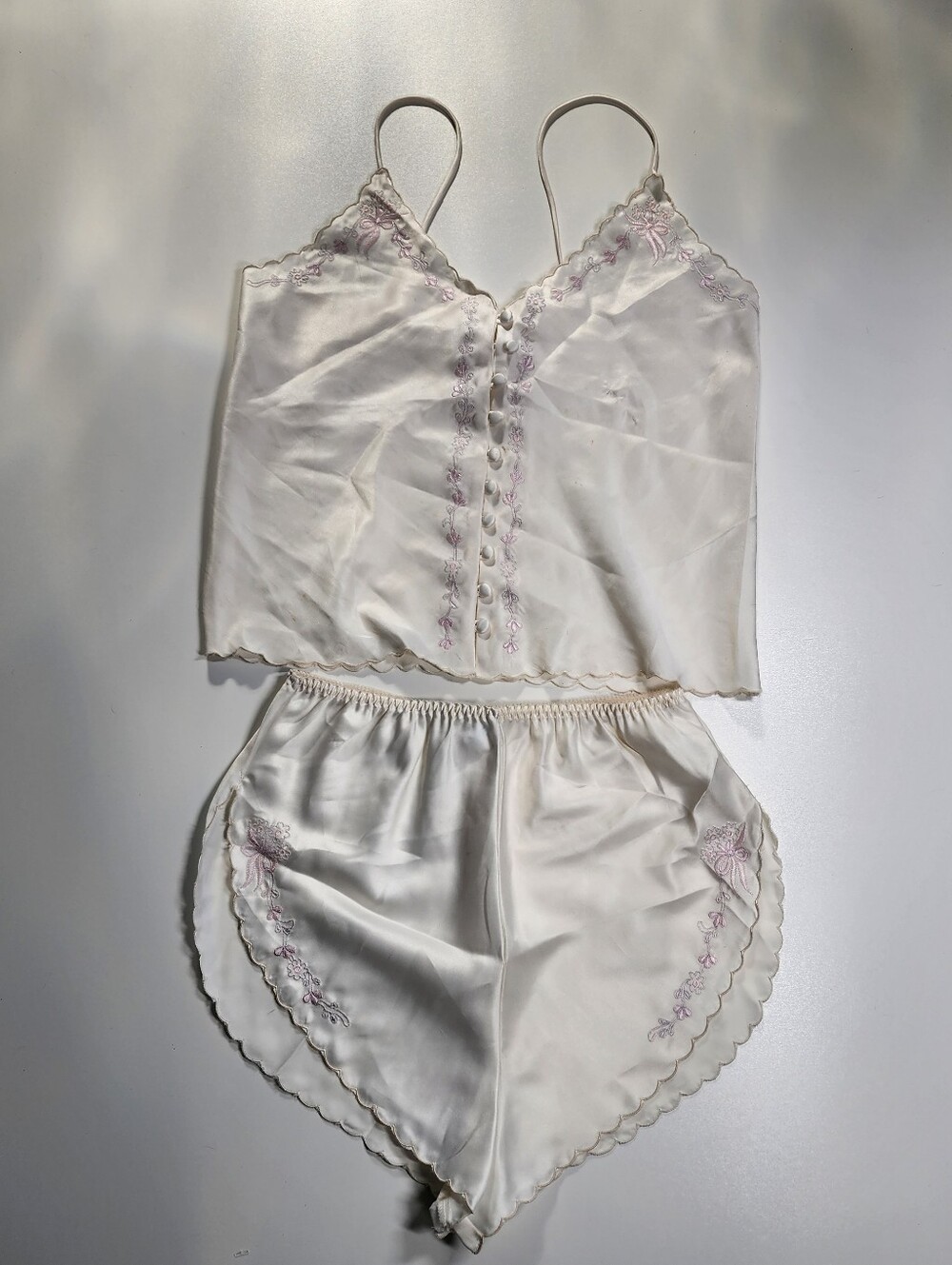 Vintage Victoria’s Secret Petite S Satin Cami Shorts Set Floral Lace Pink Bridal